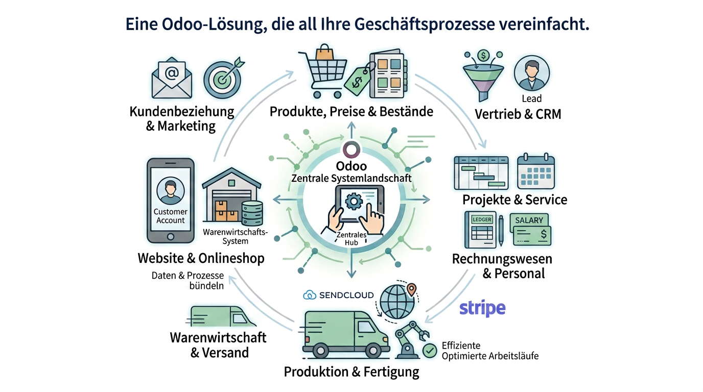 Kreisdiagramm: Odoo als zentrale Systemlandschaft vernetzt Vertrieb, Warenwirtschaft, Onlineshop, Rechnungswesen, Projekte und Produktion in einer Plattform